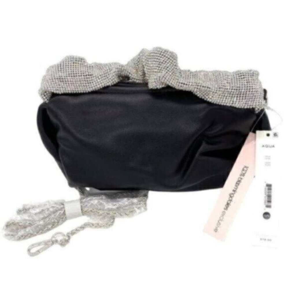 Aqua Women's Black Scrunchie Mini Crossbody Bag Black Rhinestone Strap New